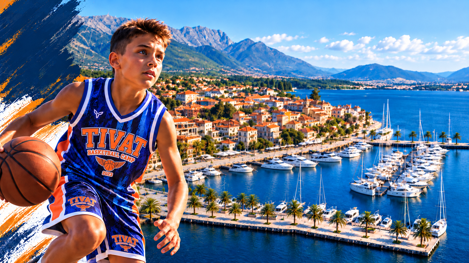 Basketball-themed illustration of a young player overlooking Tivat and the marina.