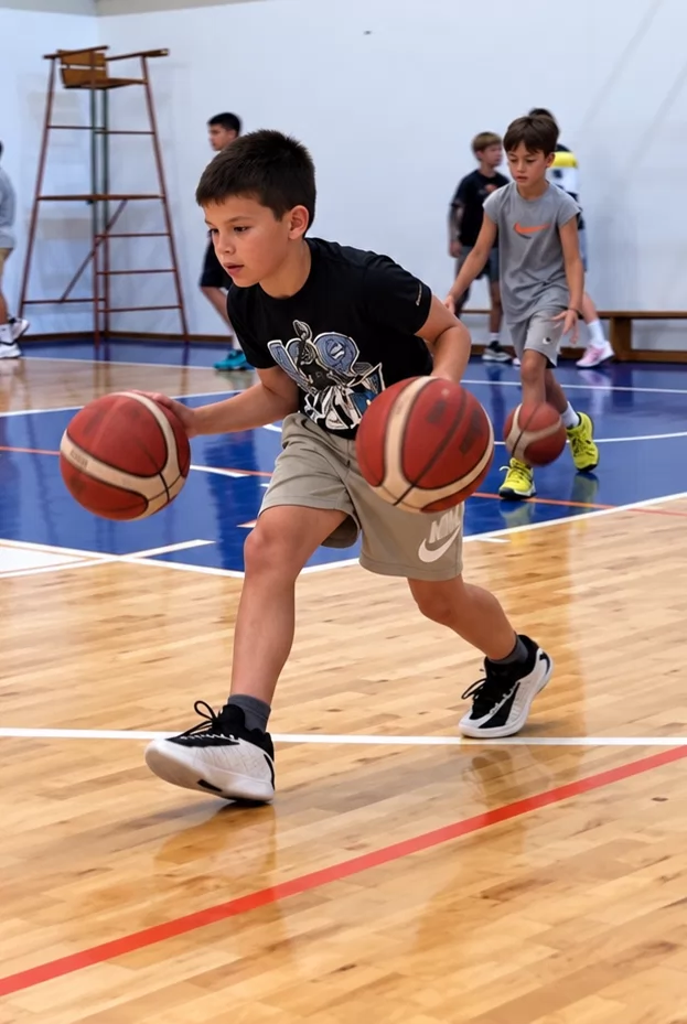 A player practising ball handling with two basketballs.
